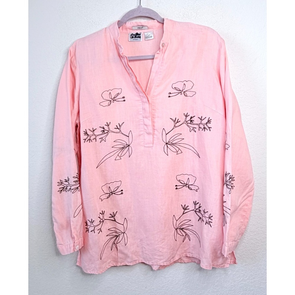 Edward 100% Irish Linen Blouse Popover Tunic Women's M Pink Embroidered Coastal